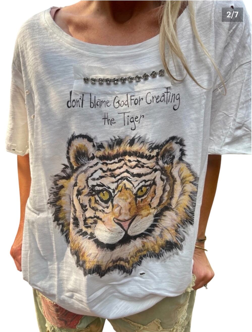 NWOT A Rare Bird Tattered Wingless Tiger Shirt Art To Wear Distressed Boho L/XL